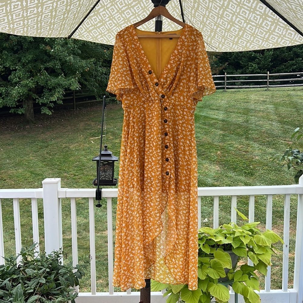 Lulus Women’s XL mustard yellow floral midi flowing dress NWOT boho prairie core - Picture 16 of 16